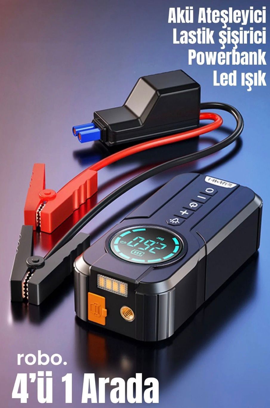 ROBO 4'ü 1 Arada Şarjlı Akü Ateşleyici Lastik Şişirici Powebank Led Işık 150psi Yüksek Basınçlı