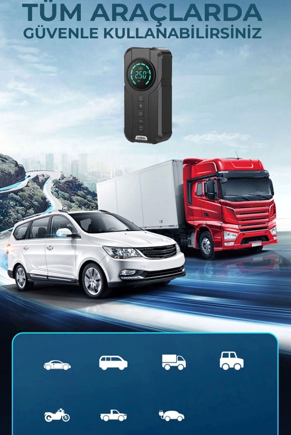 ROBO 4'ü 1 Arada Şarjlı Akü Ateşleyici Lastik Şişirici Powebank Led Işık 150psi Yüksek Basınçlı
